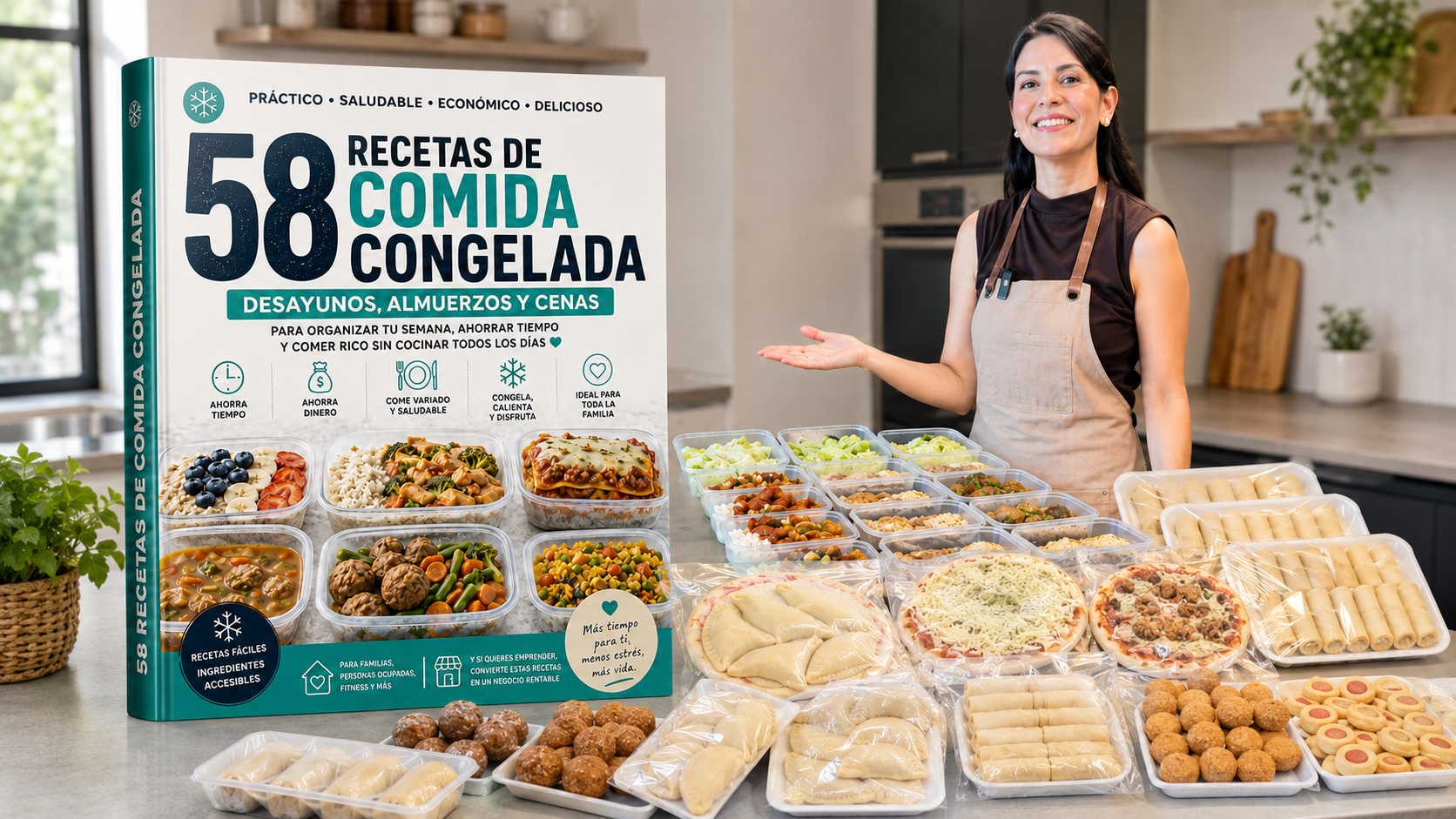 Comidas congeladas organizadas en recipientes etiquetados