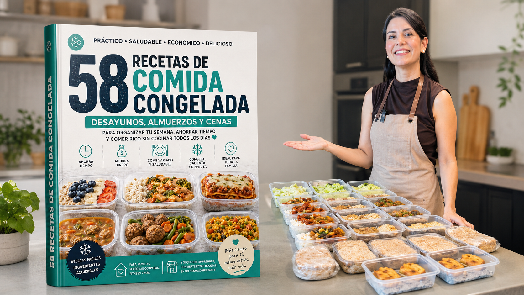 Comidas congeladas organizadas en recipientes etiquetados